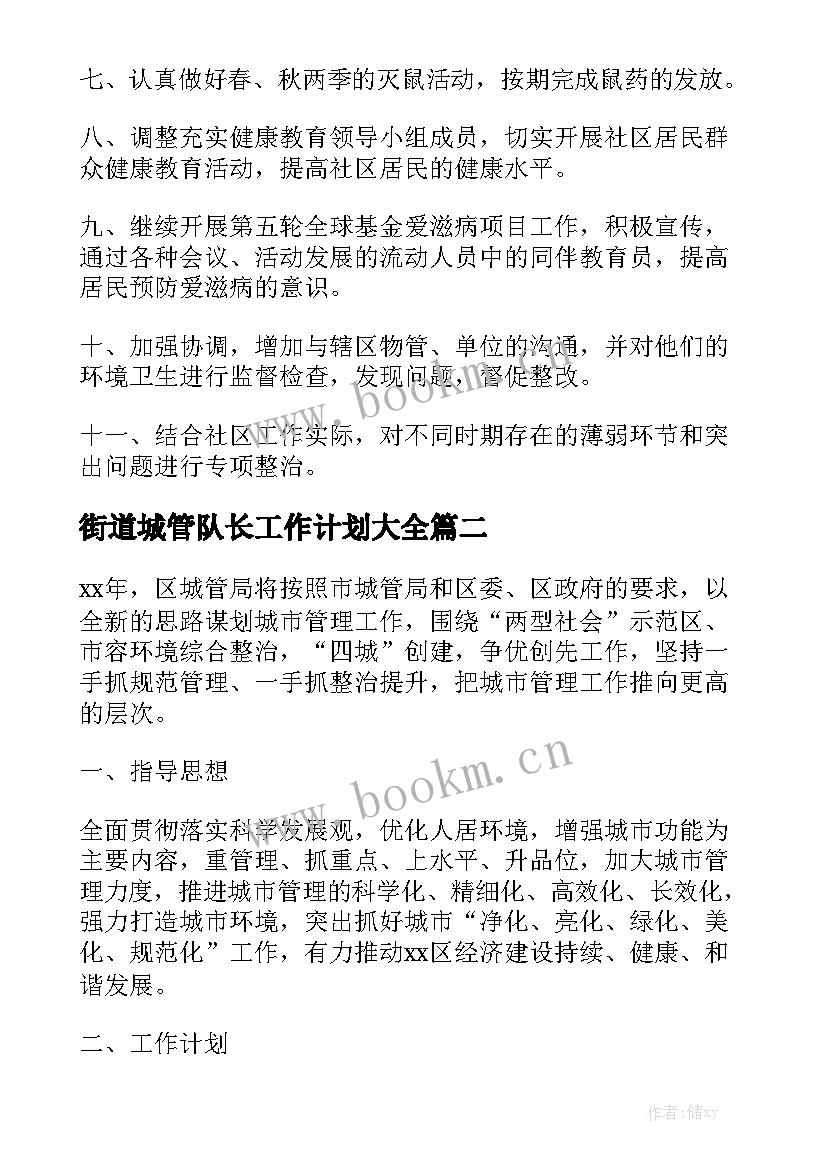 街道城管队长工作计划大全