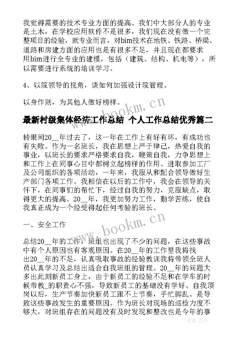 最新村级集体经济工作总结 个人工作总结优秀