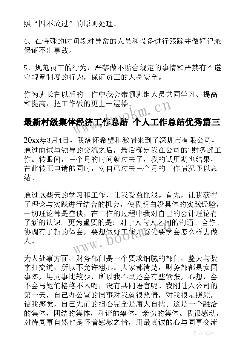 最新村级集体经济工作总结 个人工作总结优秀