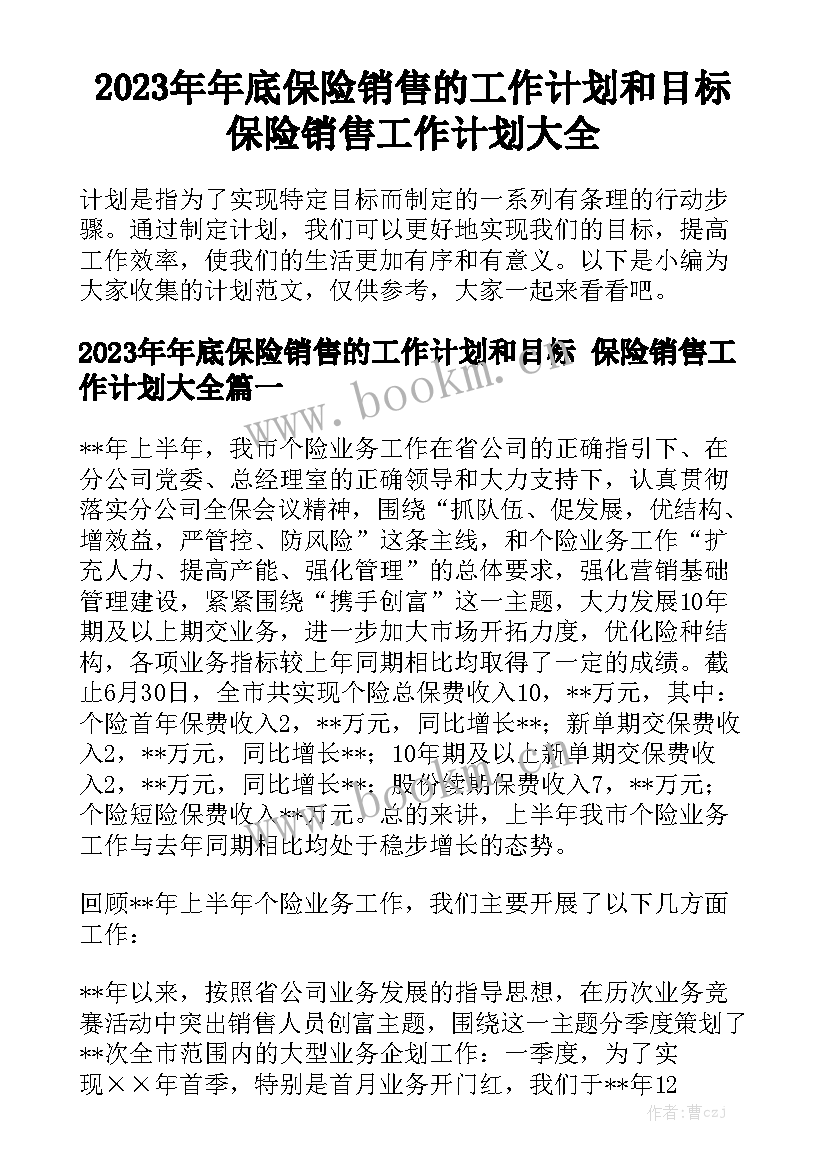 2023年年底保险销售的工作计划和目标 保险销售工作计划大全