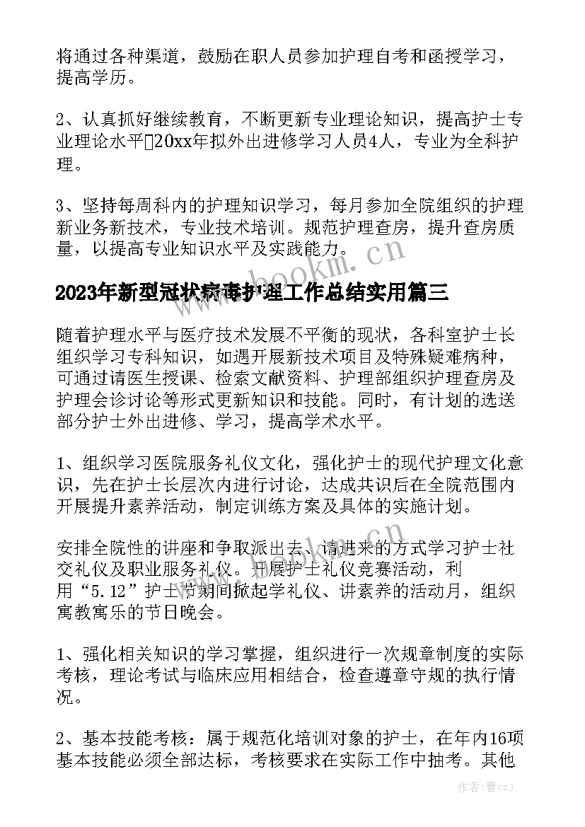 2023年新型冠状病毒护理工作总结实用