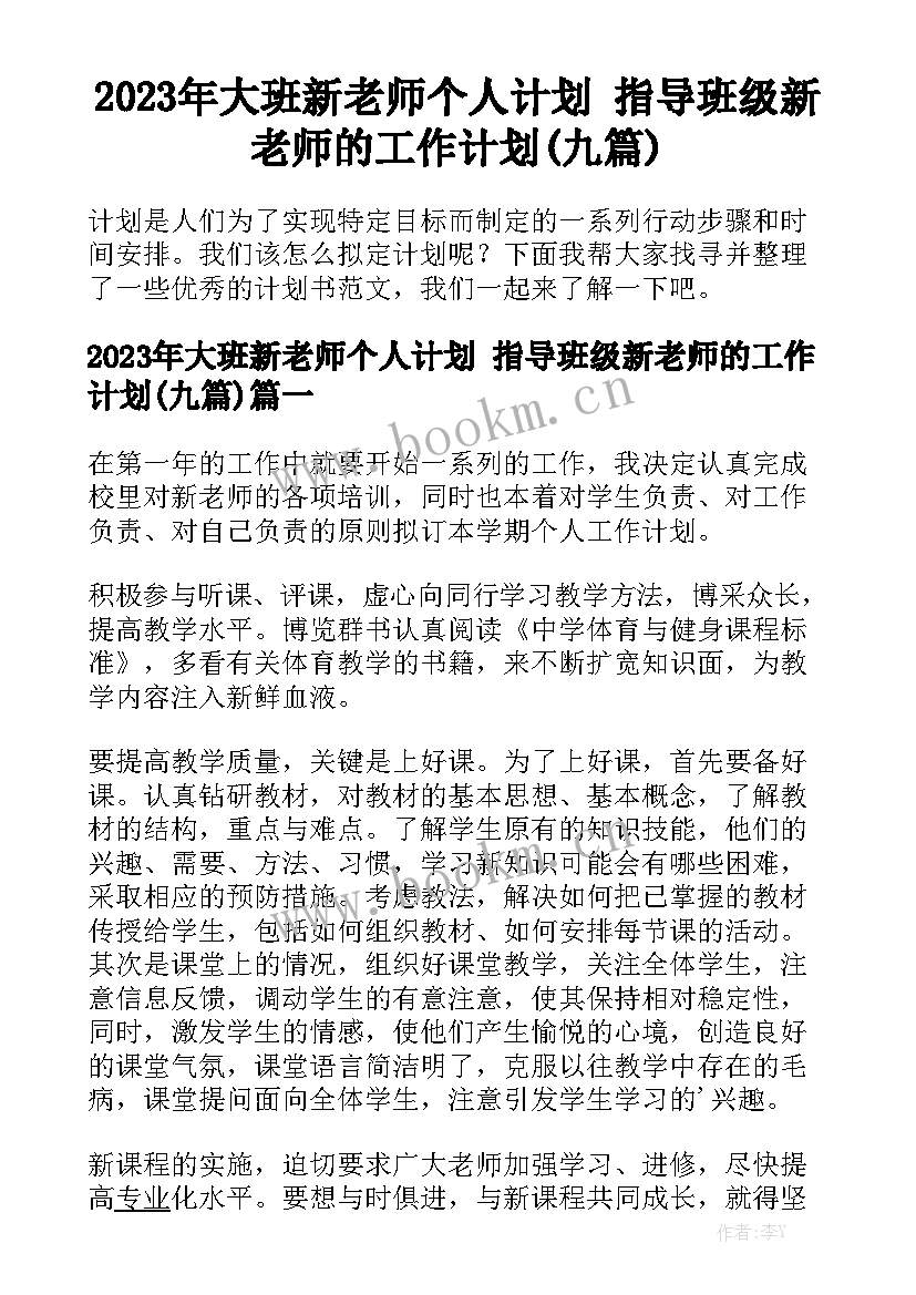 2023年大班新老师个人计划 指导班级新老师的工作计划(九篇)