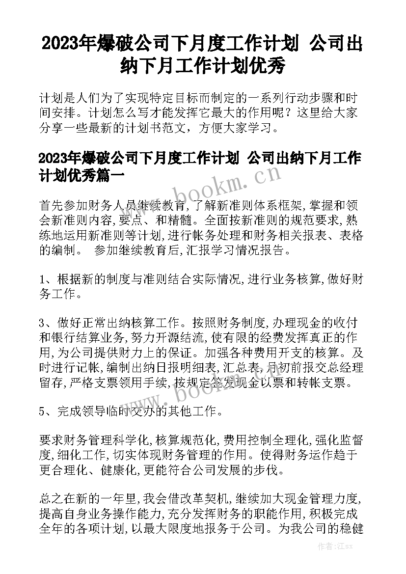 2023年爆破公司下月度工作计划 公司出纳下月工作计划优秀