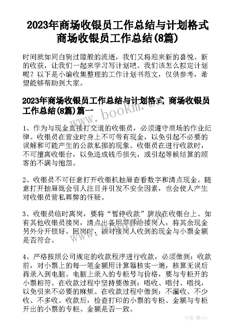 2023年商场收银员工作总结与计划格式 商场收银员工作总结(8篇)