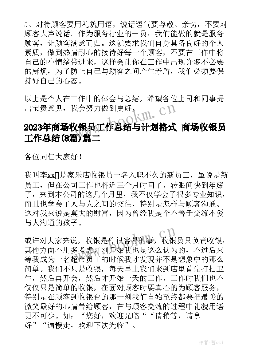 2023年商场收银员工作总结与计划格式 商场收银员工作总结(8篇)