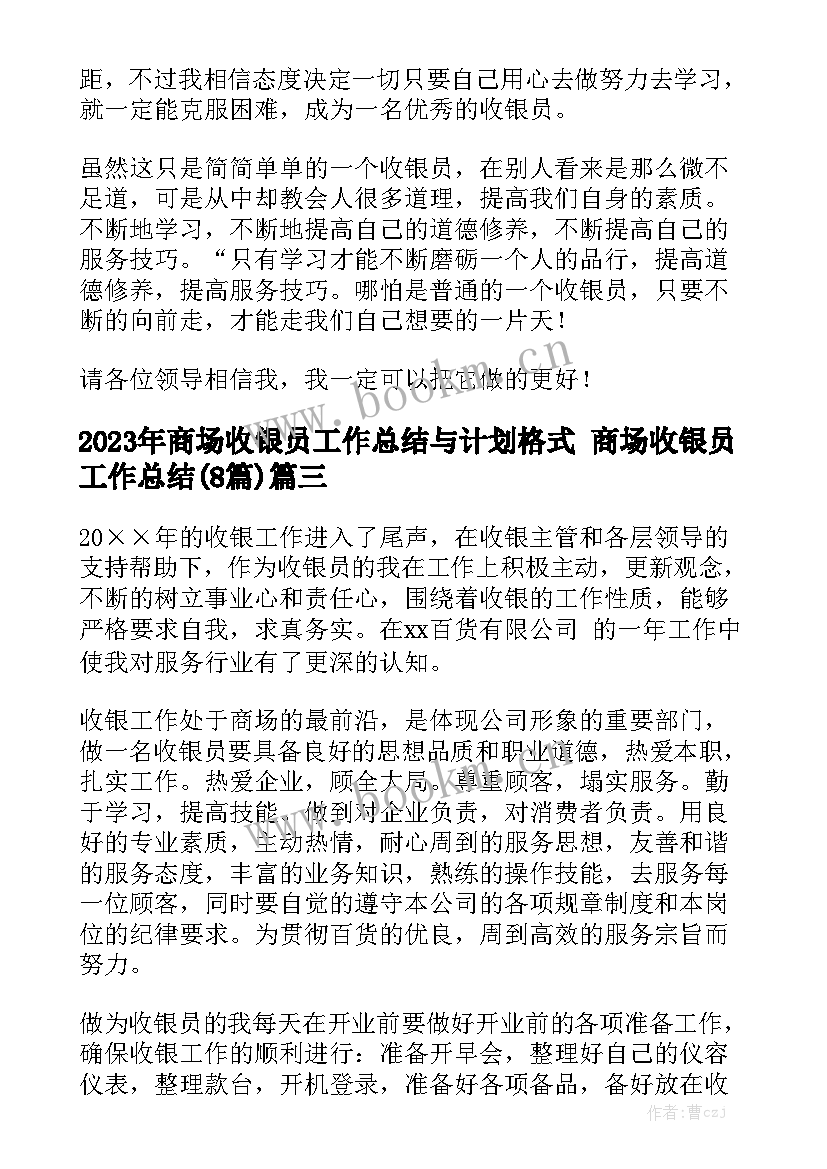 2023年商场收银员工作总结与计划格式 商场收银员工作总结(8篇)