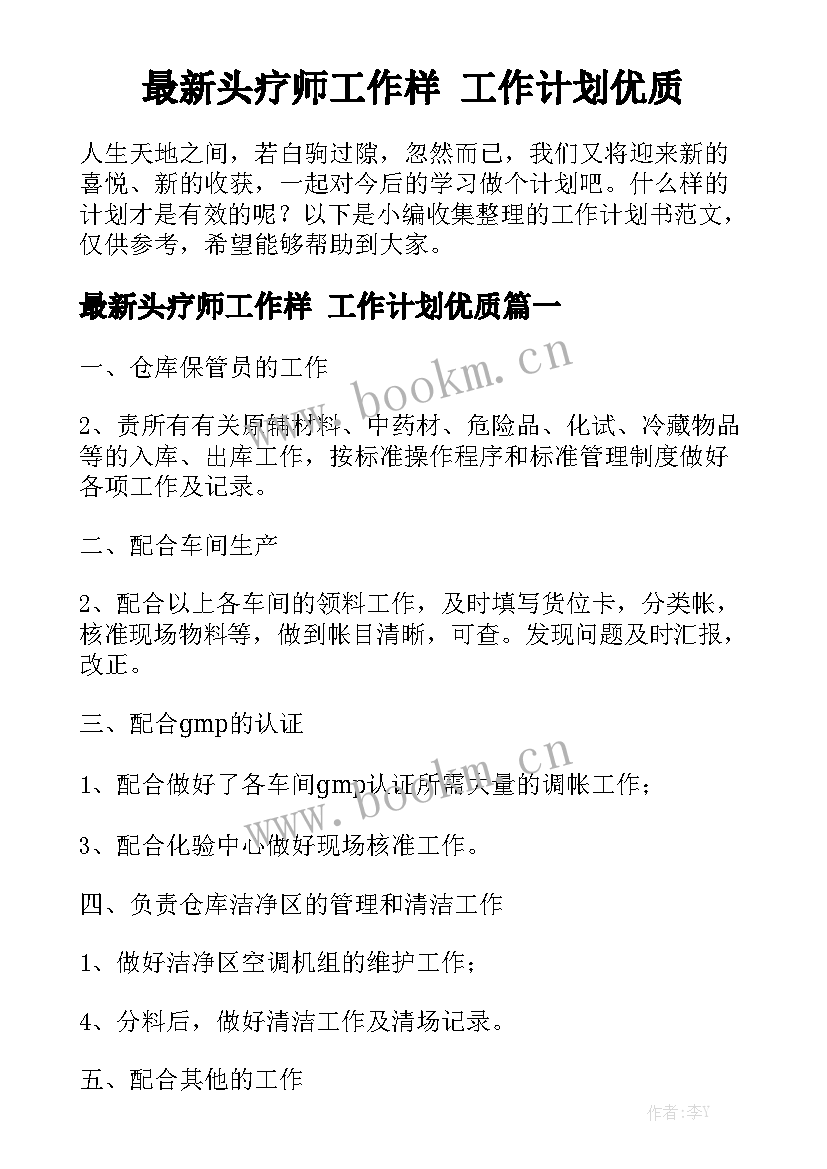 最新头疗师工作样 工作计划优质