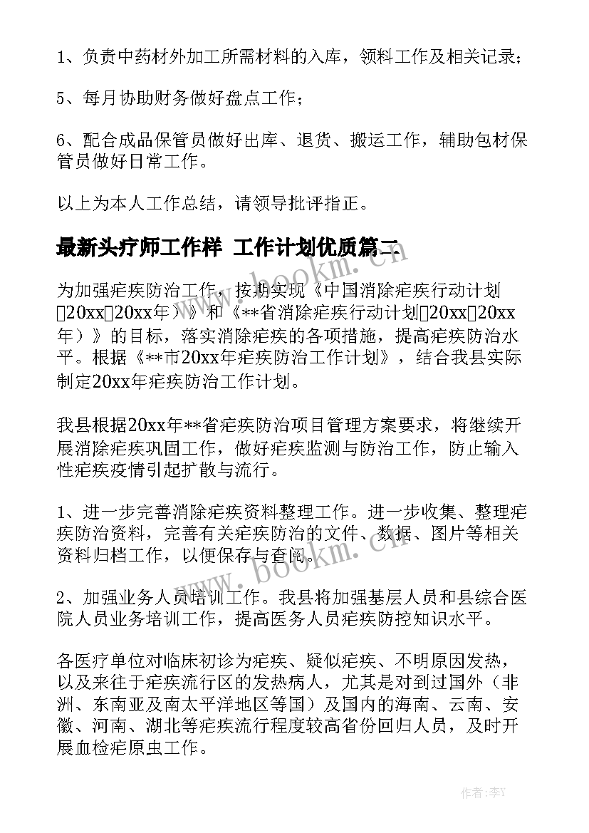 最新头疗师工作样 工作计划优质