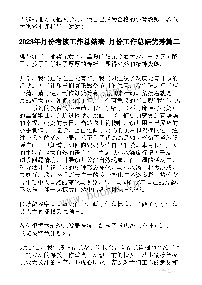 2023年月份考核工作总结表 月份工作总结优秀