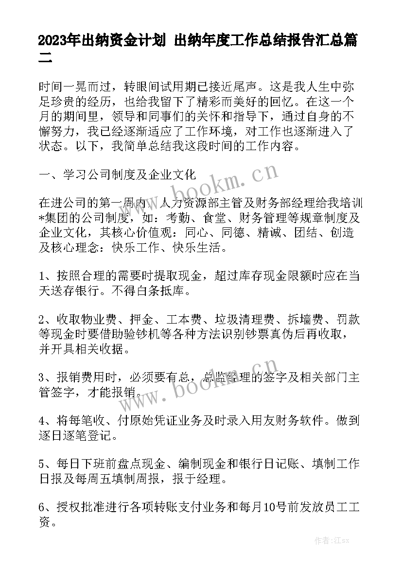 2023年出纳资金计划 出纳年度工作总结报告汇总