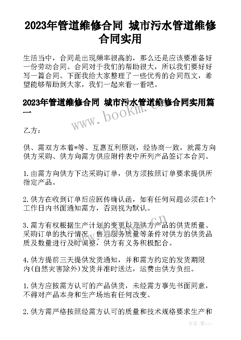 2023年管道维修合同 城市污水管道维修合同实用