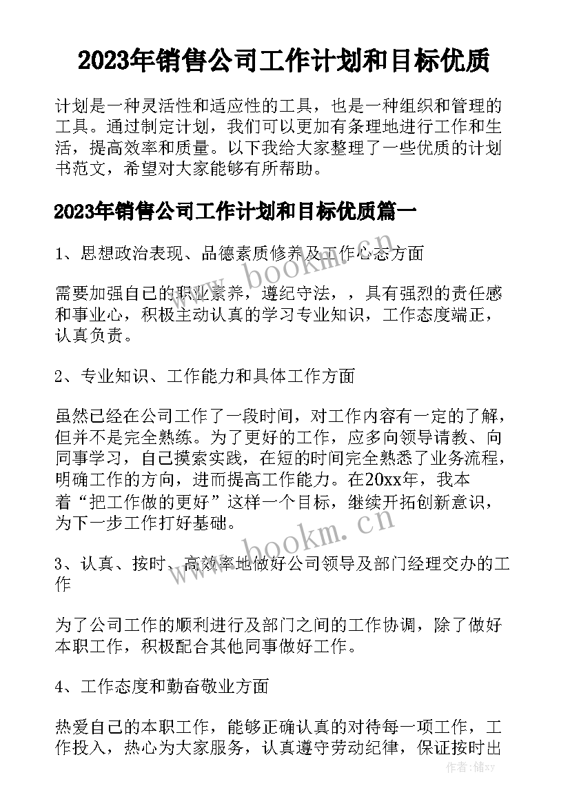 2023年销售公司工作计划和目标优质