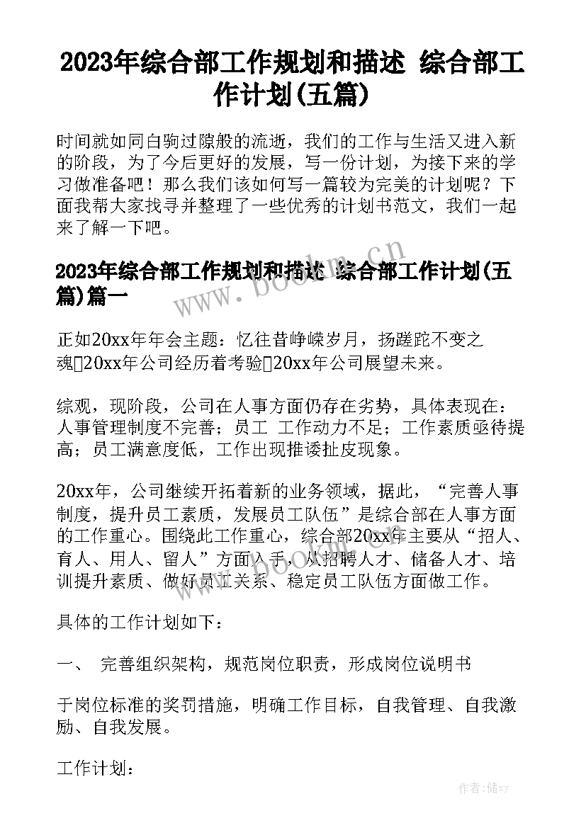 2023年综合部工作规划和描述 综合部工作计划(五篇)