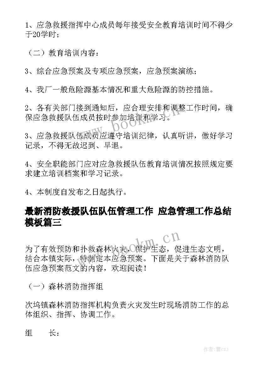 最新消防救援队伍队伍管理工作 应急管理工作总结模板