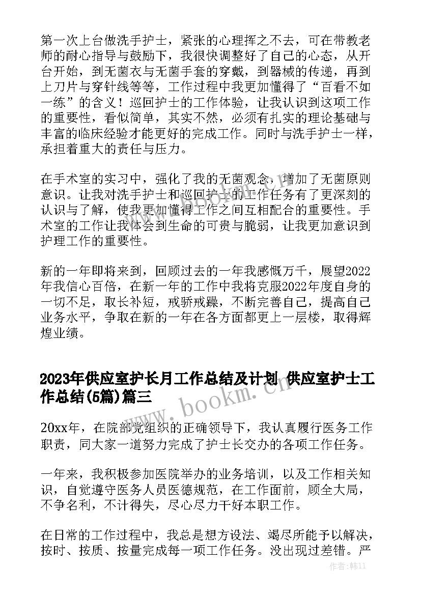 2023年供应室护长月工作总结及计划 供应室护士工作总结(5篇)