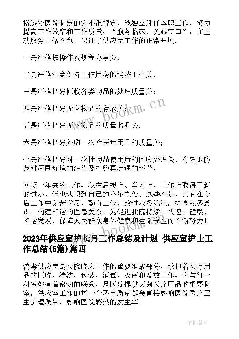 2023年供应室护长月工作总结及计划 供应室护士工作总结(5篇)