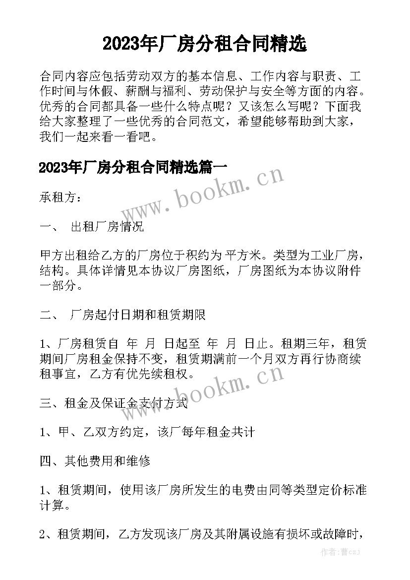 2023年厂房分租合同精选