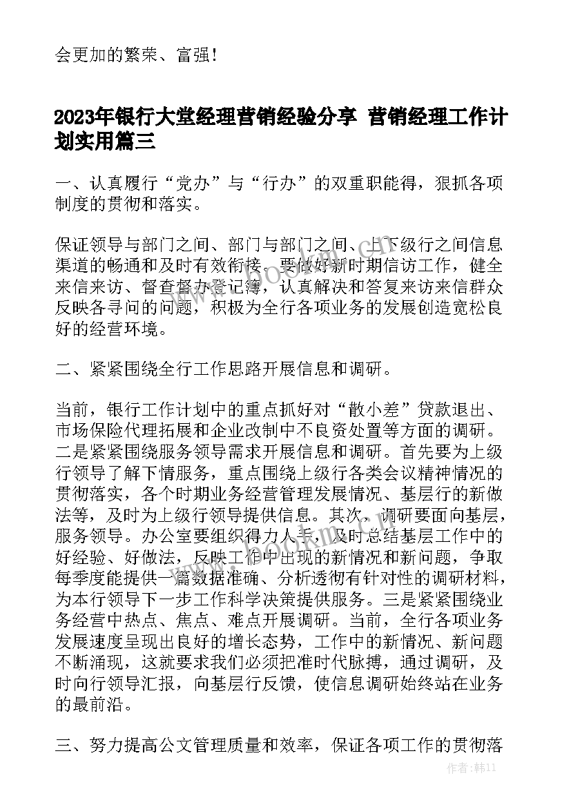 2023年银行大堂经理营销经验分享 营销经理工作计划实用