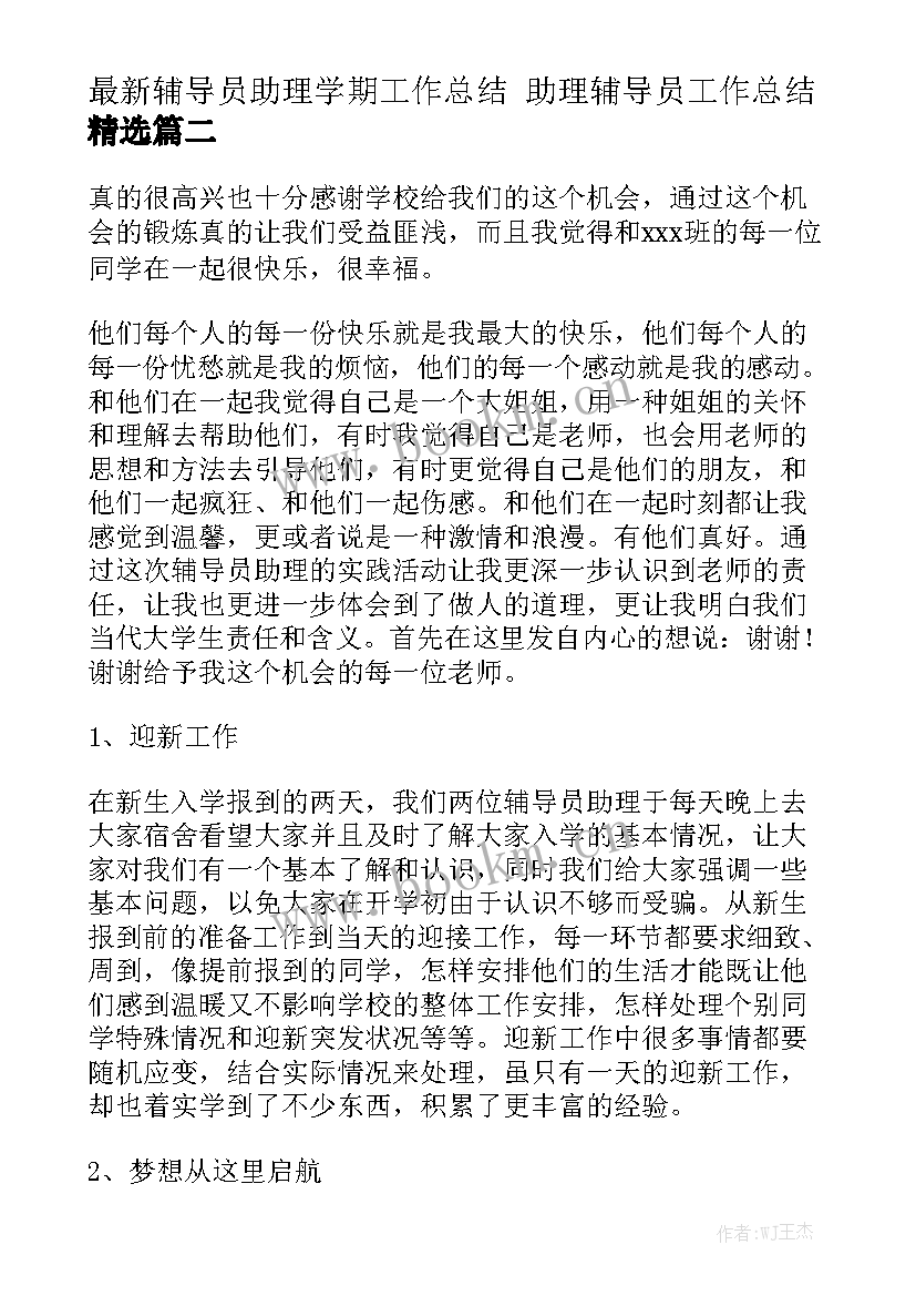 最新辅导员助理学期工作总结 助理辅导员工作总结精选