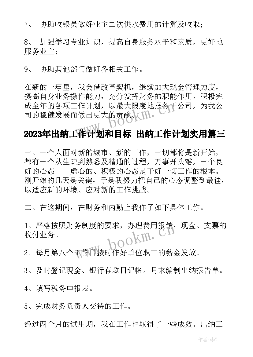 2023年出纳工作计划和目标 出纳工作计划实用