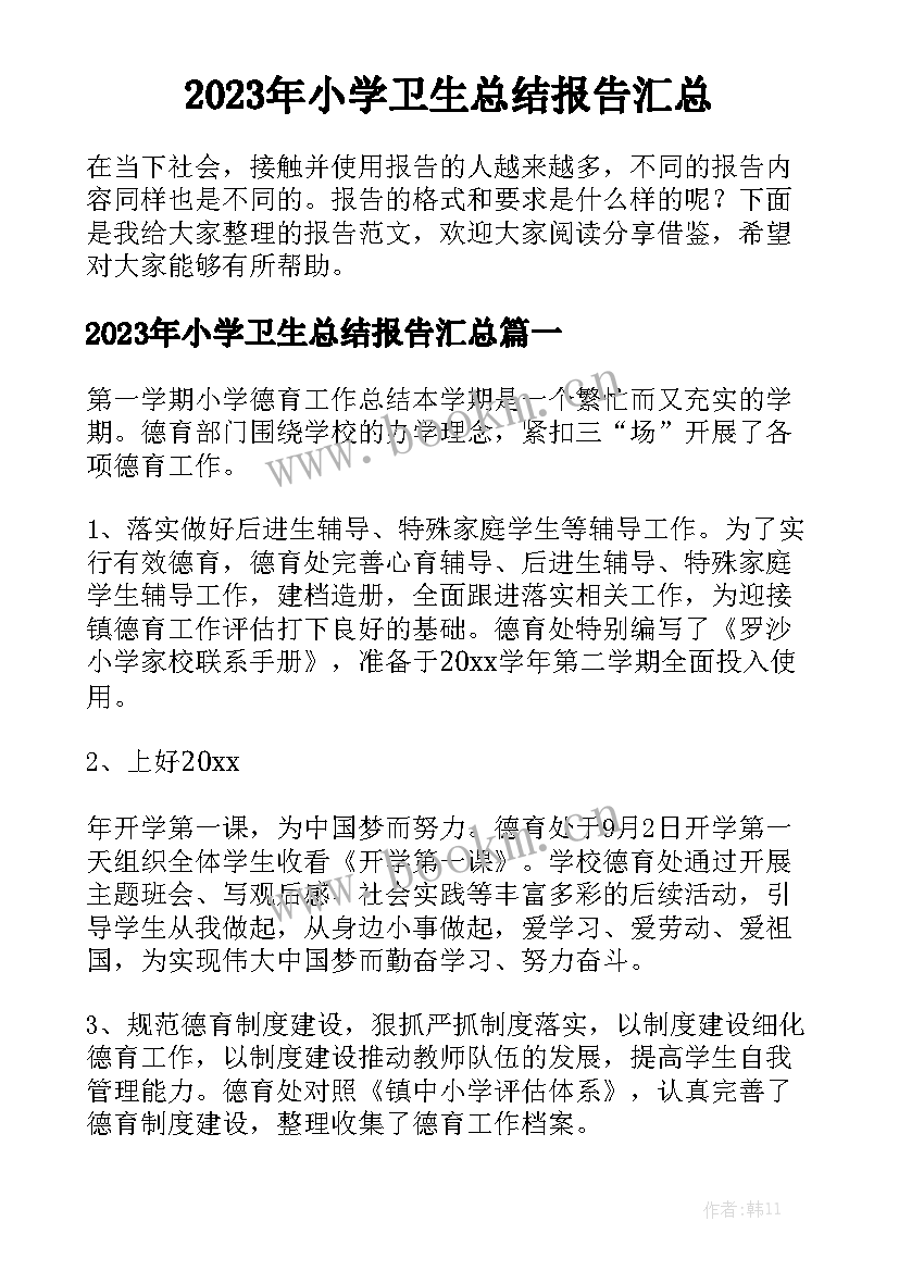 2023年小学卫生总结报告汇总