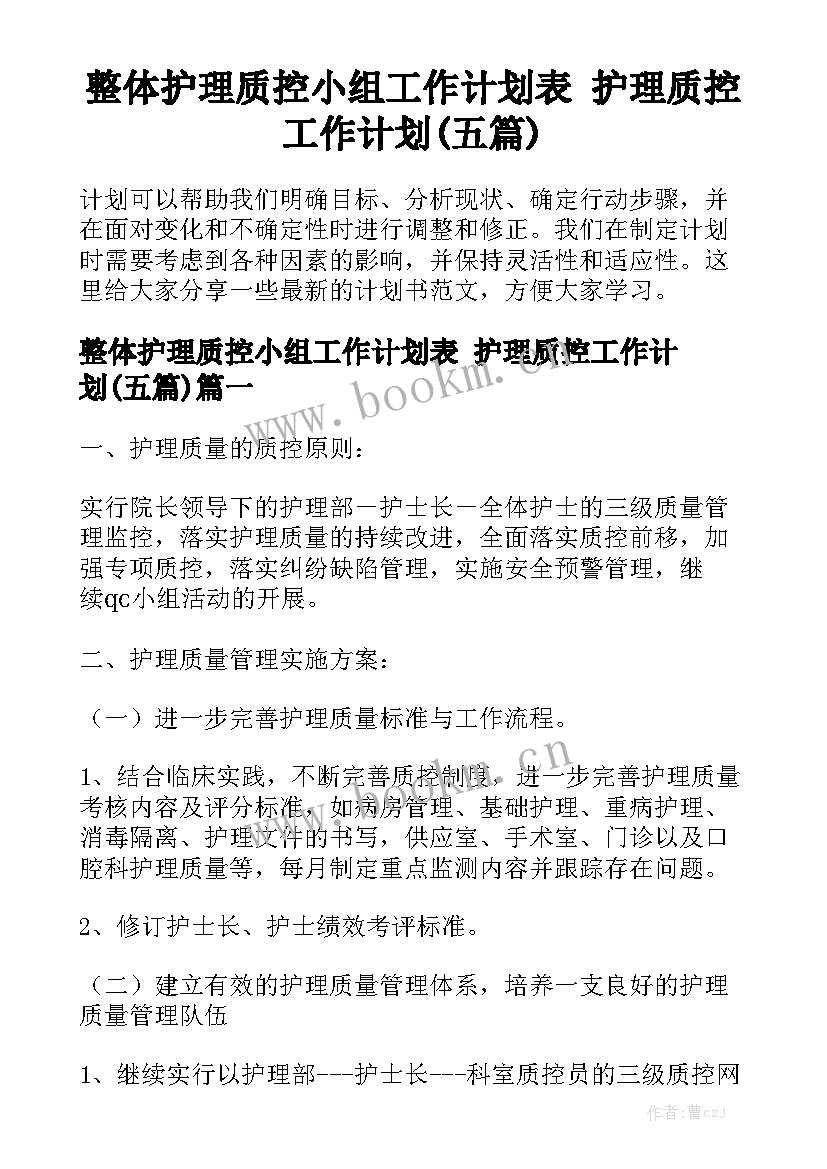 整体护理质控小组工作计划表 护理质控工作计划(五篇)