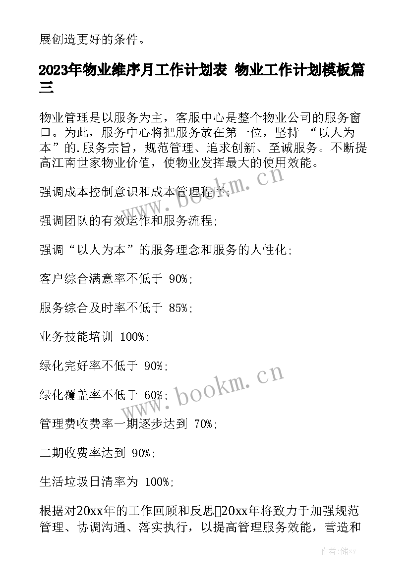 2023年物业维序月工作计划表 物业工作计划模板