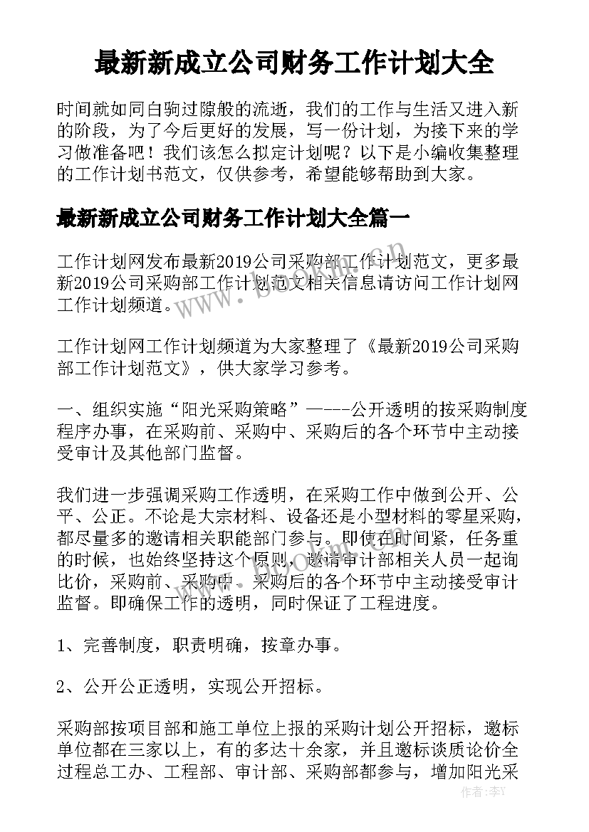 最新新成立公司财务工作计划大全