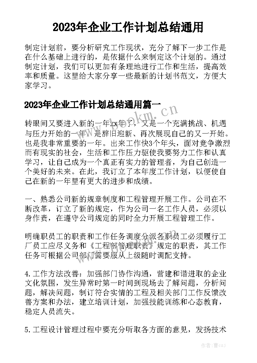 2023年企业工作计划总结通用