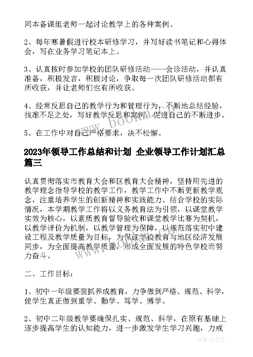 2023年领导工作总结和计划 企业领导工作计划汇总