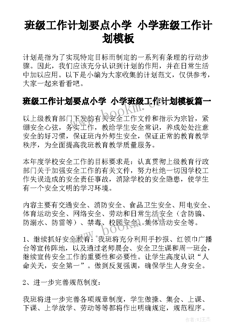 班级工作计划要点小学 小学班级工作计划模板