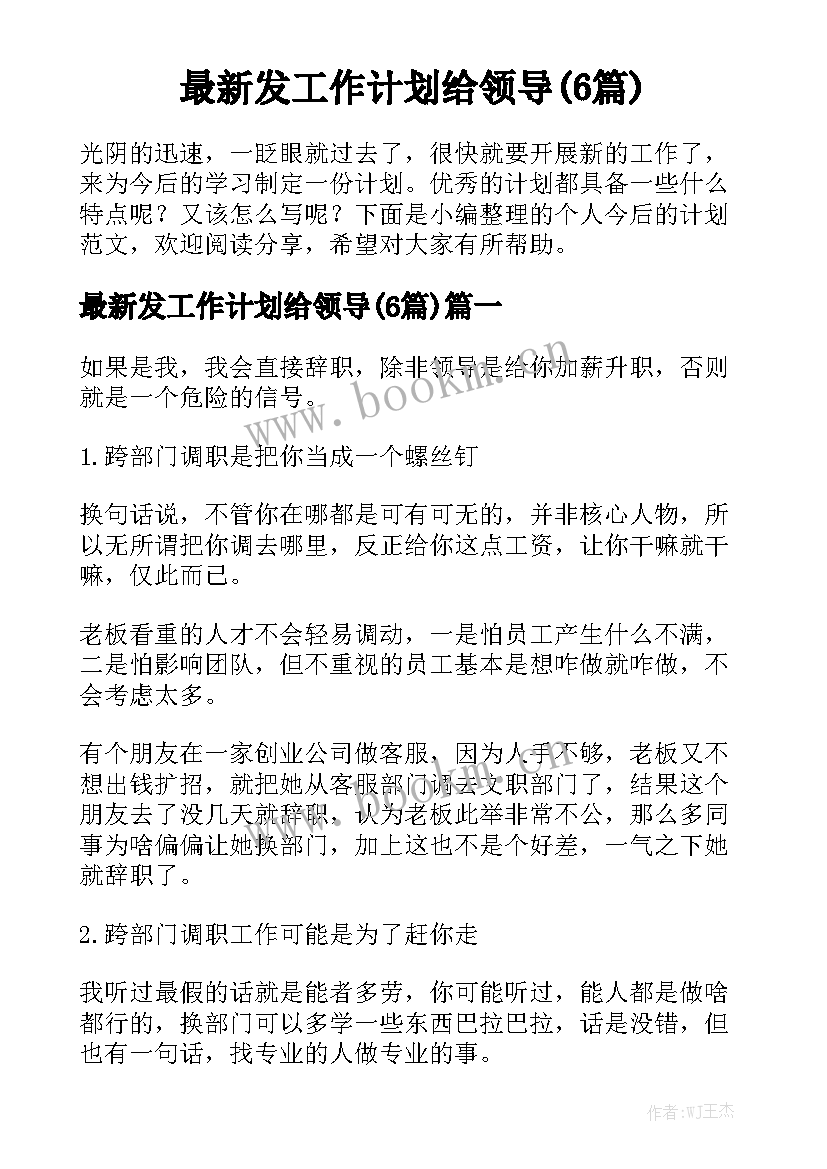 最新发工作计划给领导(6篇)