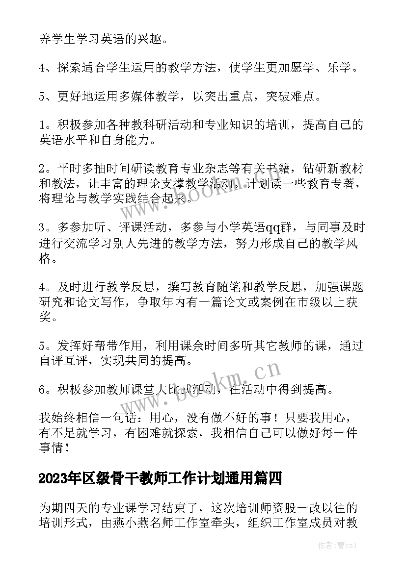 2023年区级骨干教师工作计划通用