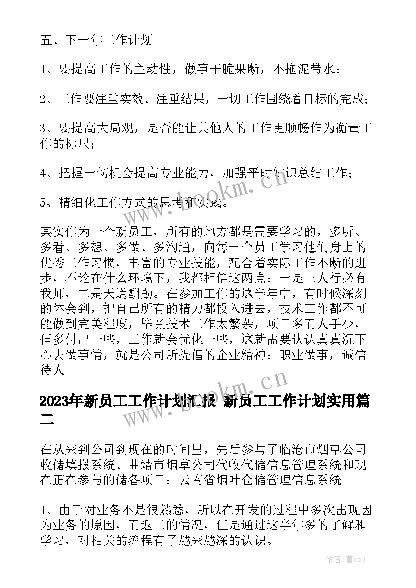 2023年新员工工作计划汇报 新员工工作计划实用