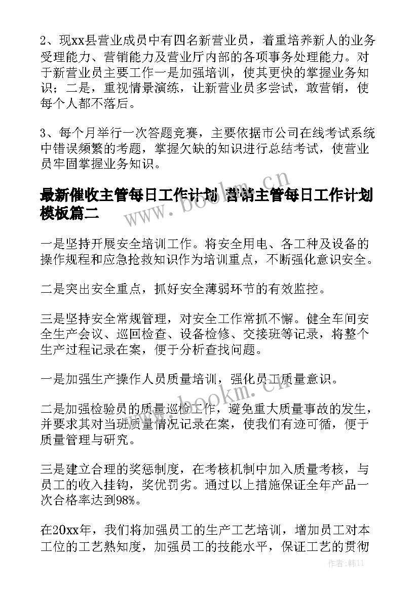 最新催收主管每日工作计划 营销主管每日工作计划模板