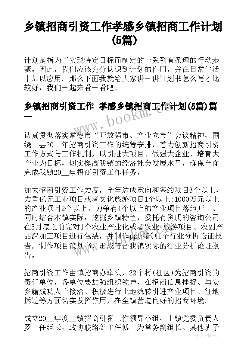 乡镇招商引资工作 孝感乡镇招商工作计划(5篇)