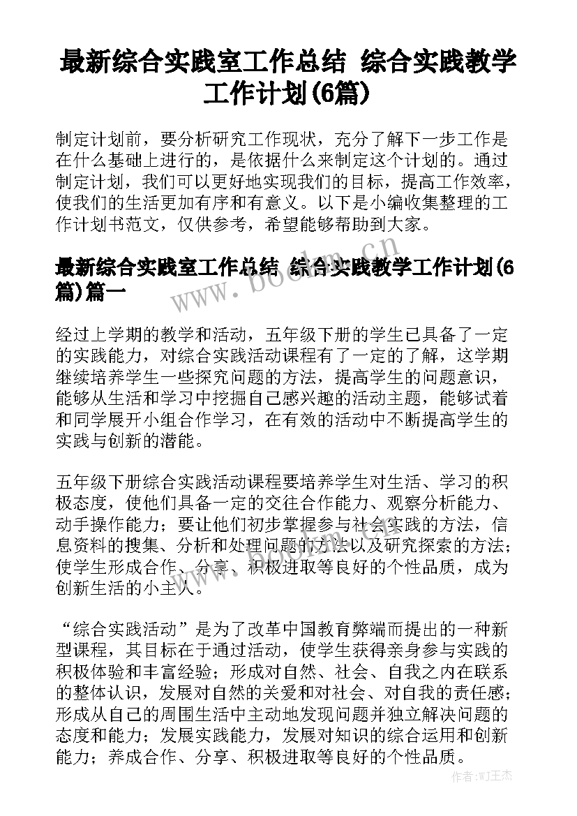 最新综合实践室工作总结 综合实践教学工作计划(6篇)