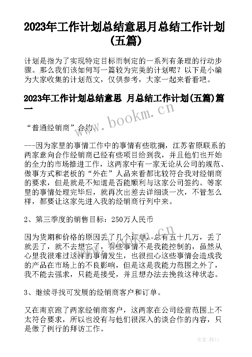 2023年工作计划总结意思 月总结工作计划(五篇)