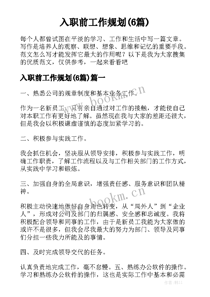 入职前工作规划(6篇)