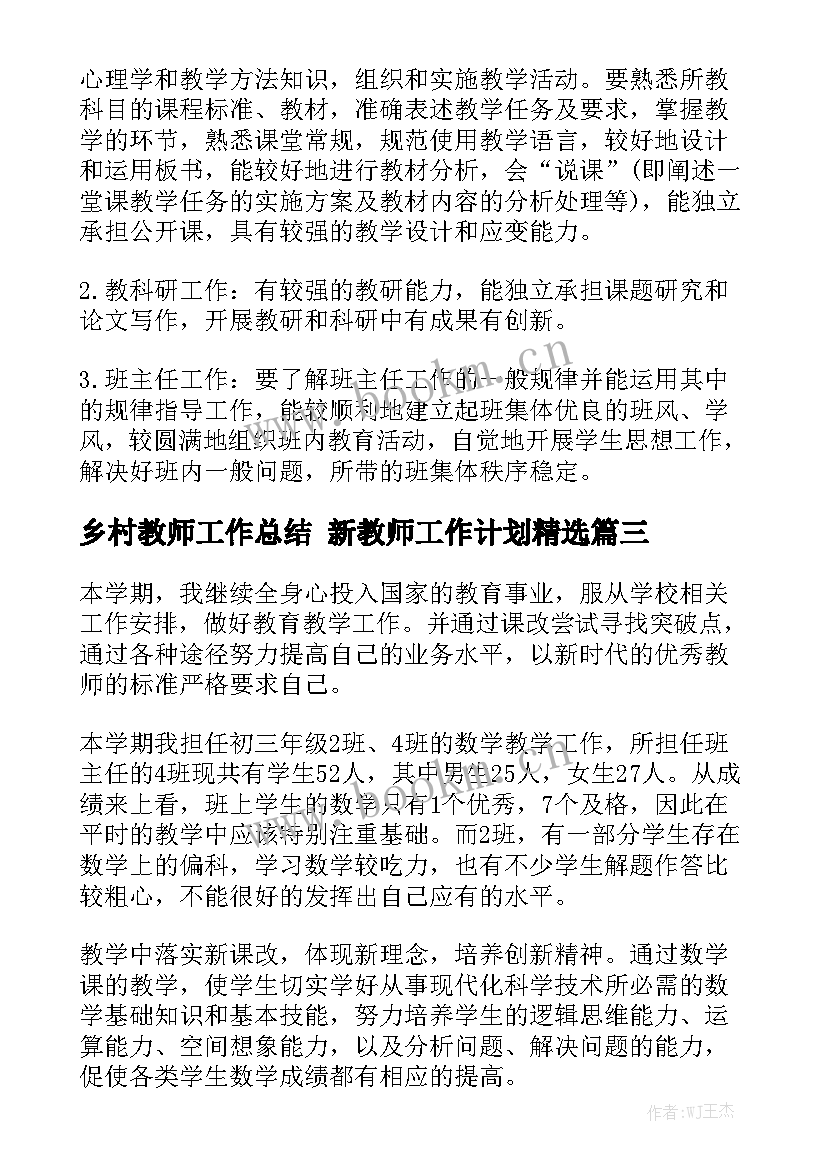 乡村教师工作总结 新教师工作计划精选