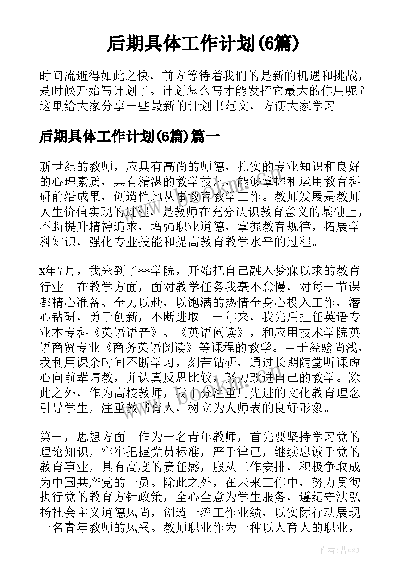 后期具体工作计划(6篇)