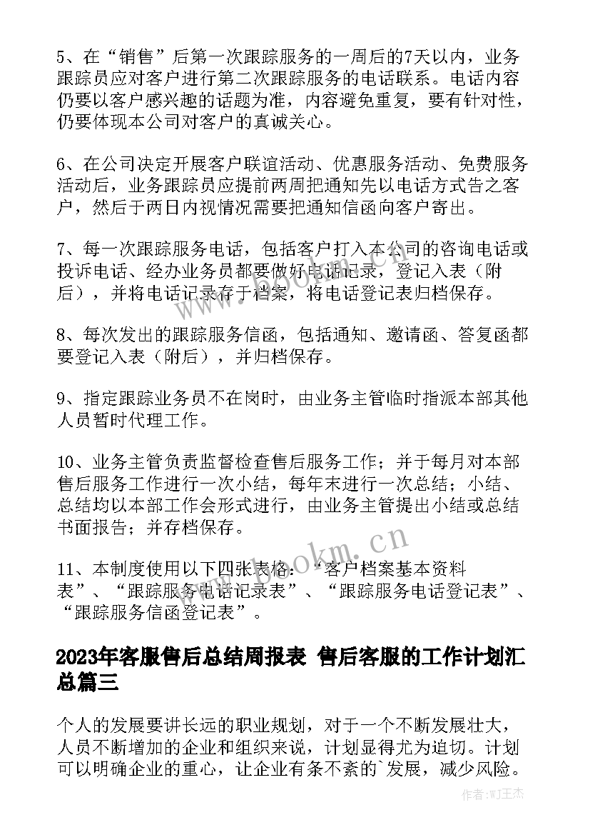 2023年客服售后总结周报表 售后客服的工作计划汇总