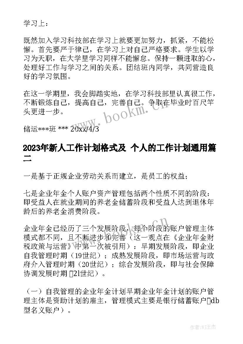 2023年新人工作计划格式及 个人的工作计划通用