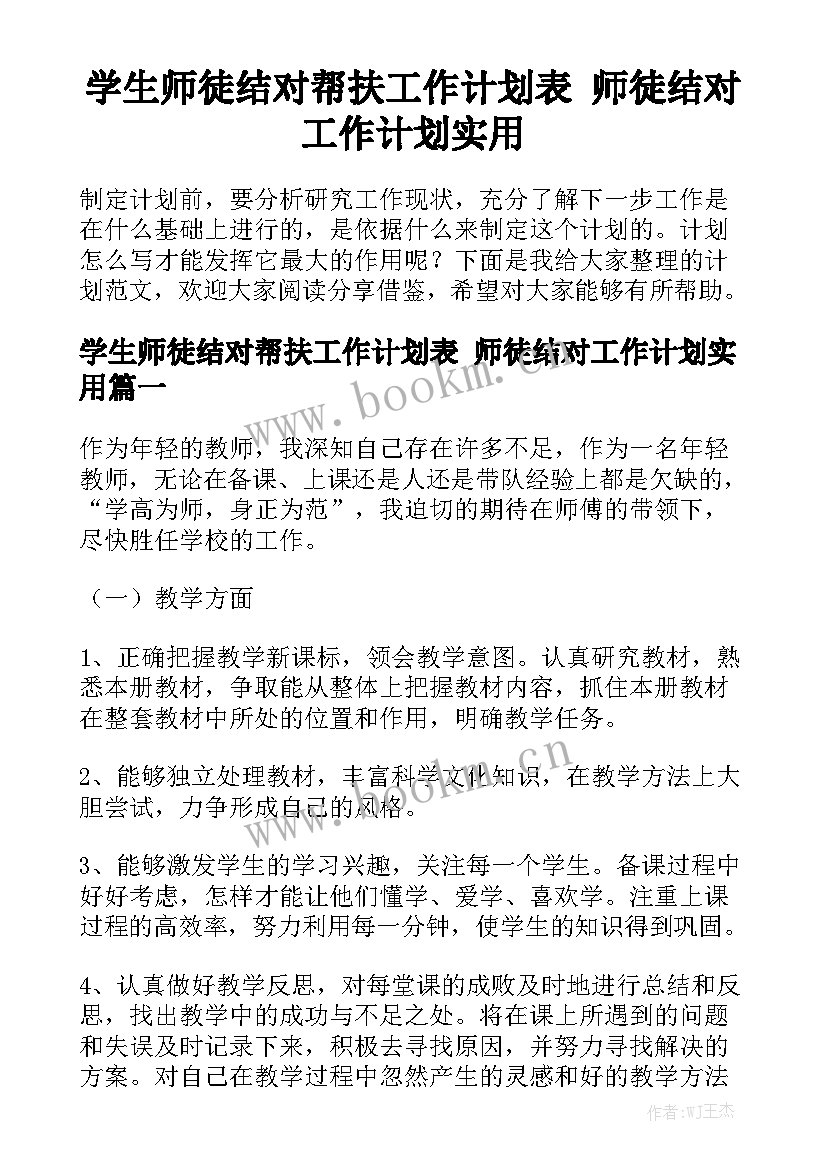 学生师徒结对帮扶工作计划表 师徒结对工作计划实用