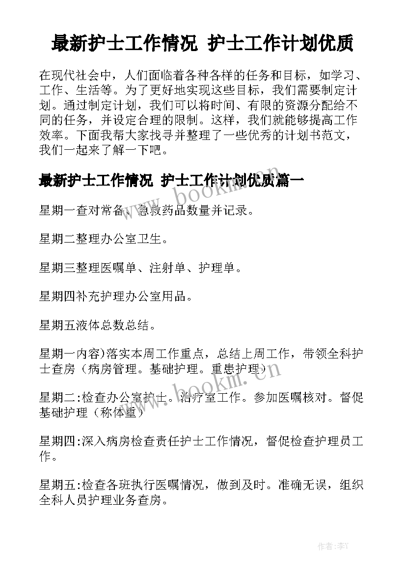 最新护士工作情况 护士工作计划优质