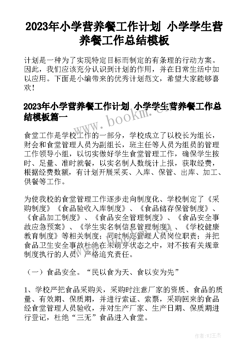 2023年小学营养餐工作计划 小学学生营养餐工作总结模板