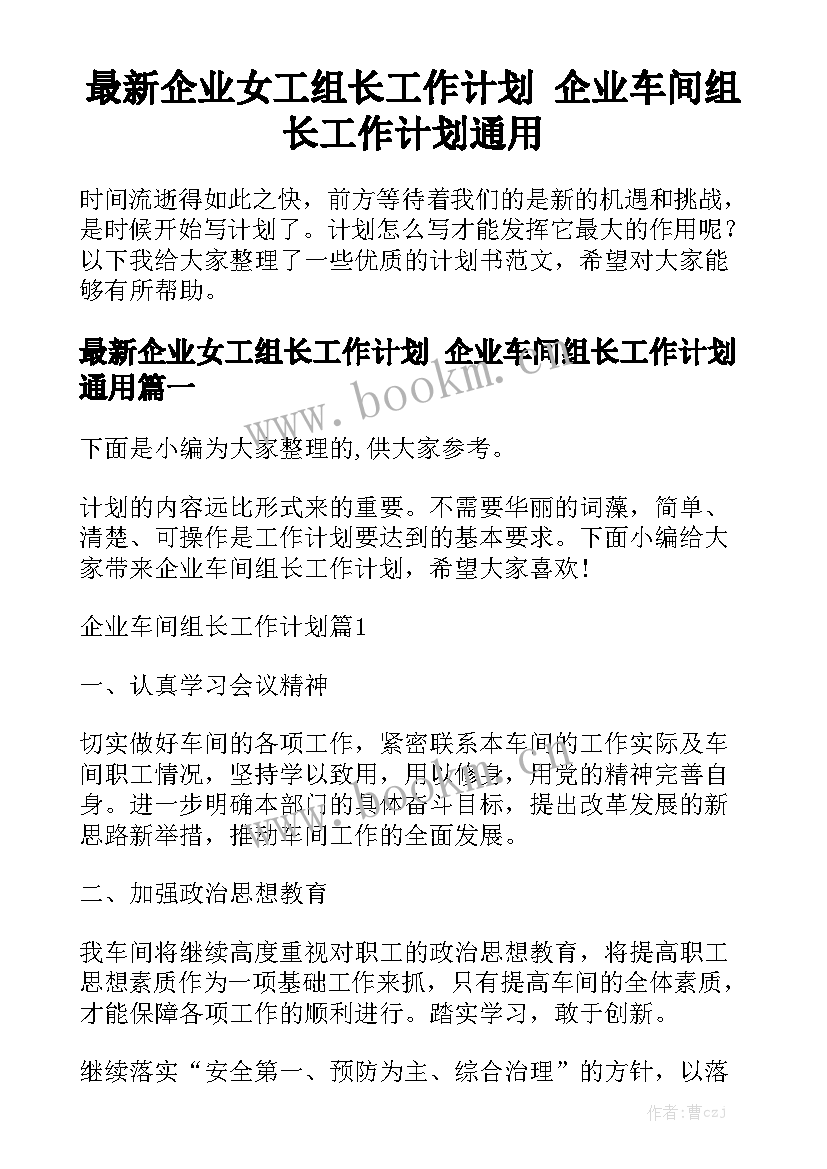 最新企业女工组长工作计划 企业车间组长工作计划通用