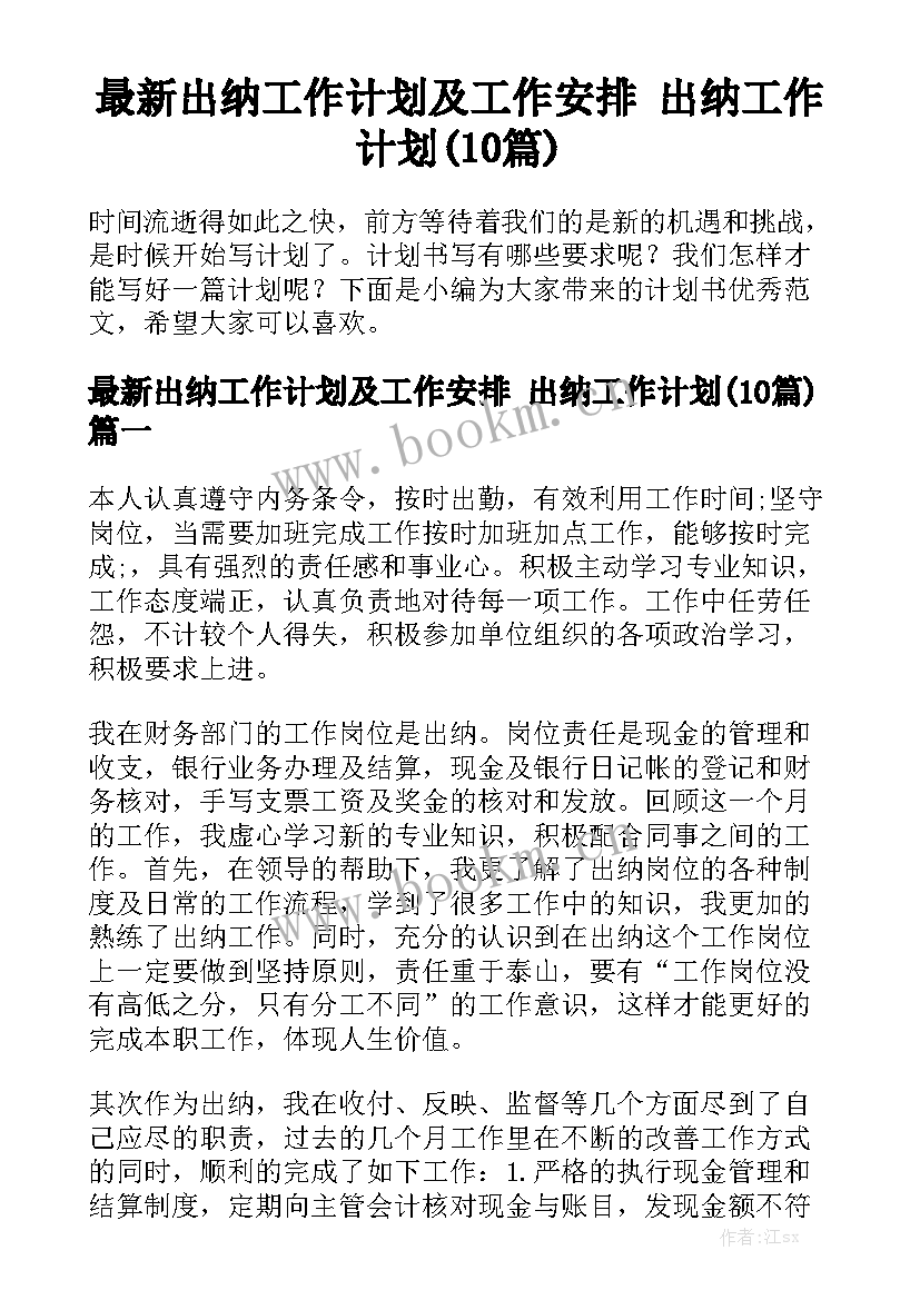 最新出纳工作计划及工作安排 出纳工作计划(10篇)