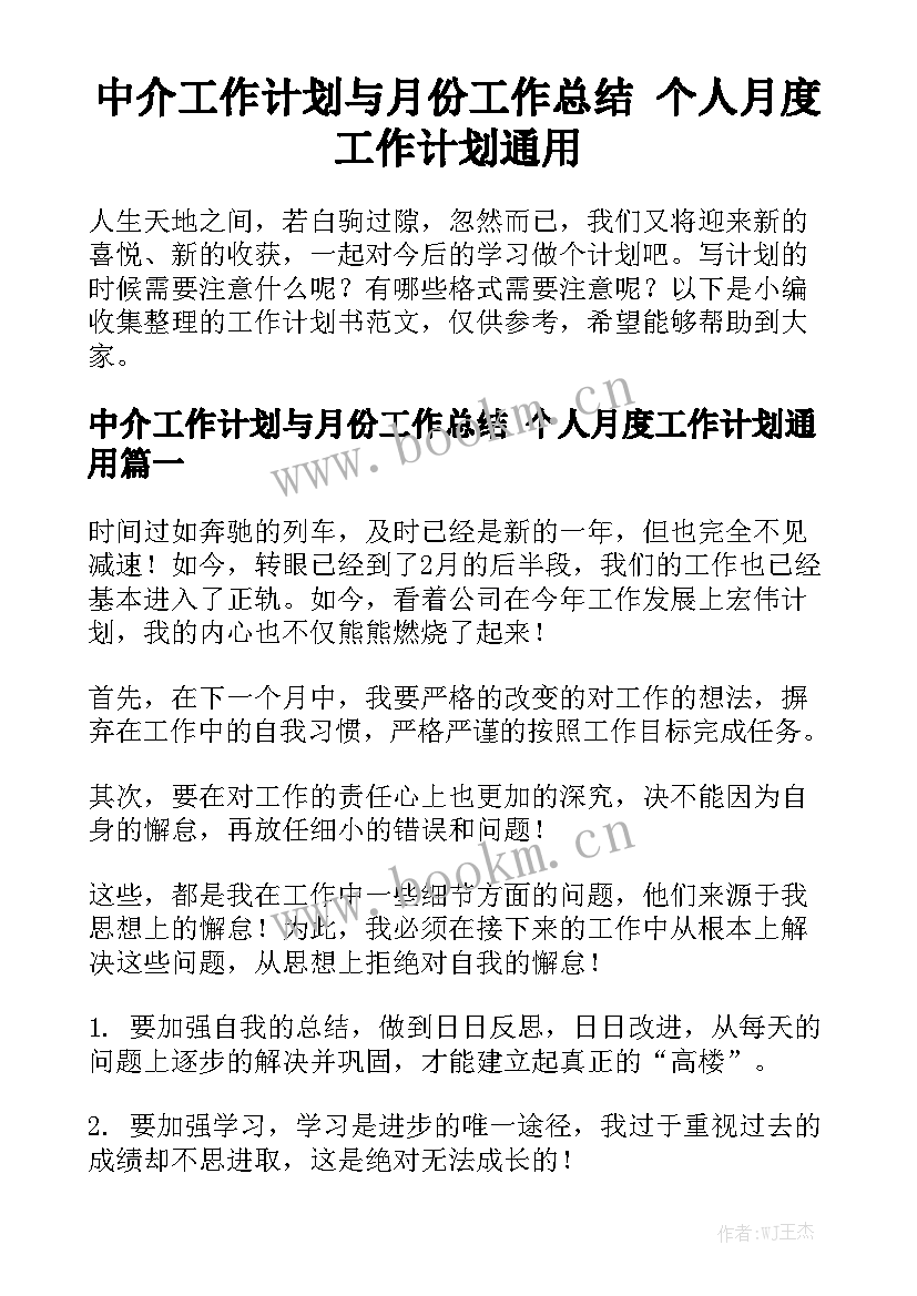 中介工作计划与月份工作总结 个人月度工作计划通用