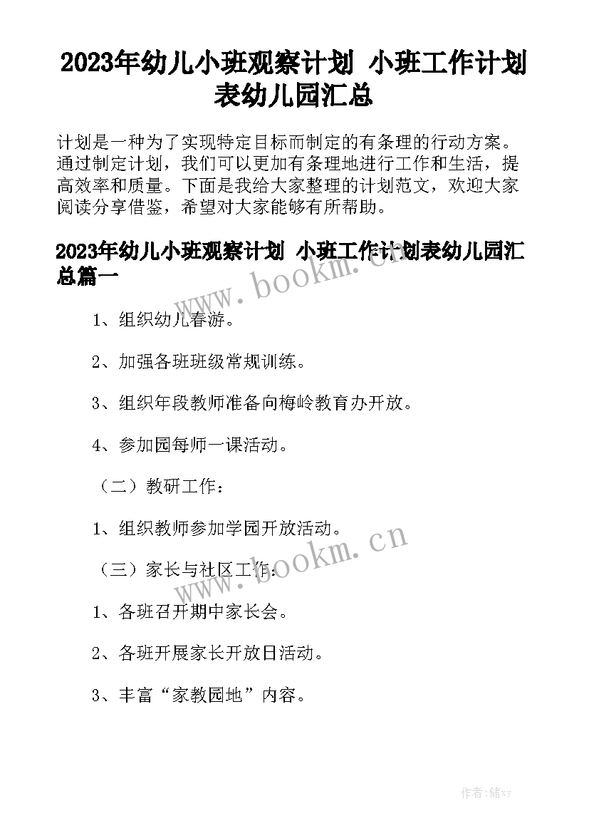 2023年幼儿小班观察计划 小班工作计划表幼儿园汇总